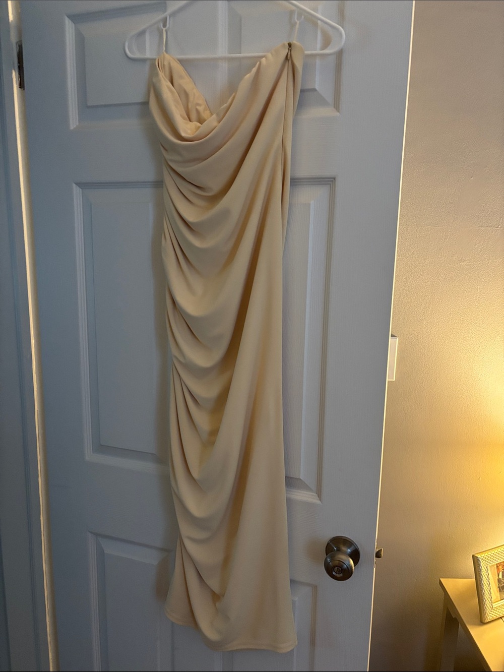 Zara Soft Beige Draped Strapless Dress